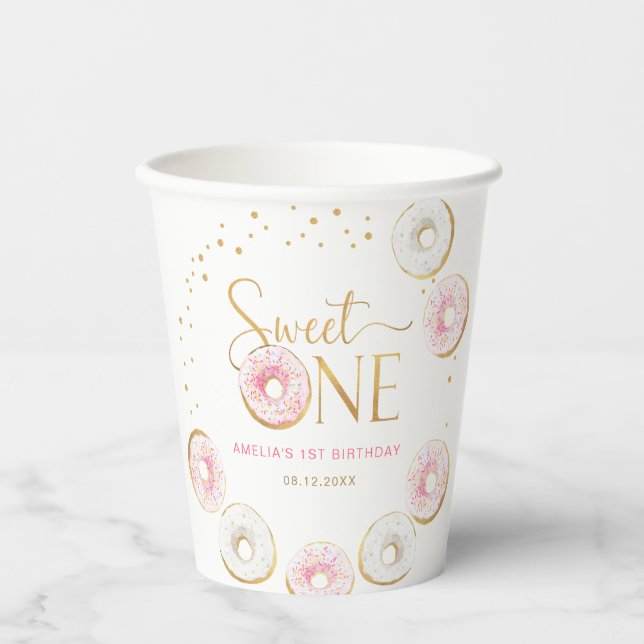 Pink Gold Doughnuts Sweet One 1st Birthday Paper Cups (Front)