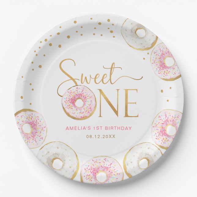Pink Gold Doughnuts Sweet One 1st Birthday Paper Plate (Front)