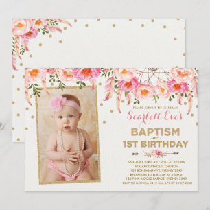 Pink Gold Dreamcatcher Baptism 1st Birthday Party Invitation