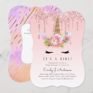 Pink Gold Drip Glitter Unicorn Baby Girl Shower Invitation