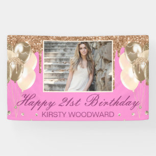 Pink & Gold Dripping Glitter & Balloons Birthday Banner