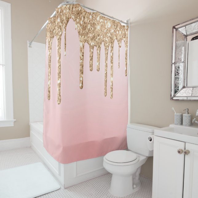 *~* Pink + Gold Drips Dripping GLITTER AP7 Shower Curtain (In Situ)