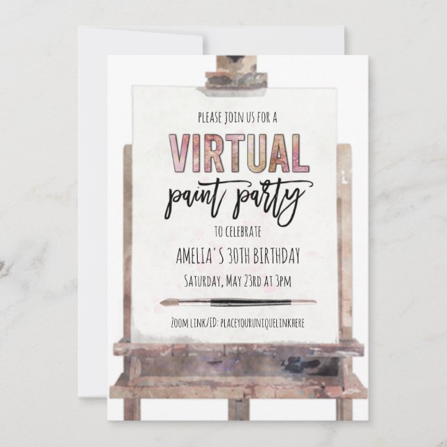 Pink Gold Easel Virtual Paint Party Adult Birthday Invitation (Front)