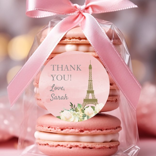 Pink Gold Eiffel Tower Birthday Thank You Classic Round Sticker (Eiffel Tower birthday party "Thank you" sticker)