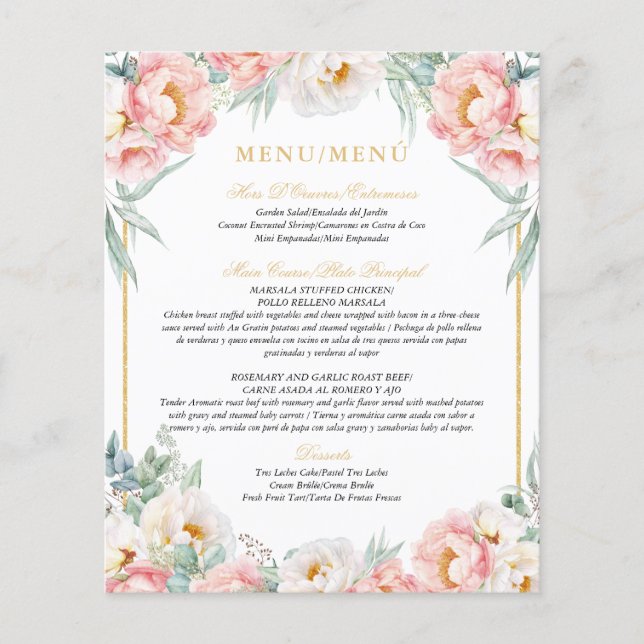 Pink & Gold Elegant Bilingual Quinceañera Menu (Front)