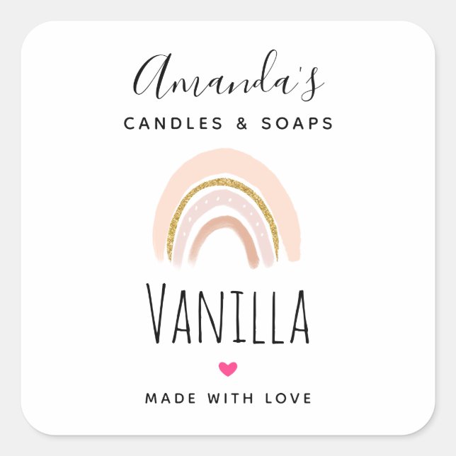 Pink & Gold Elegant Boho Rainbow Candle Business Square Sticker (Front)