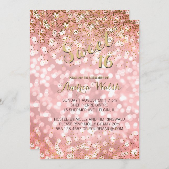 Pink Gold Elegant Bokeh Lights Glitter Sweet 16 Invitation (Front/Back)