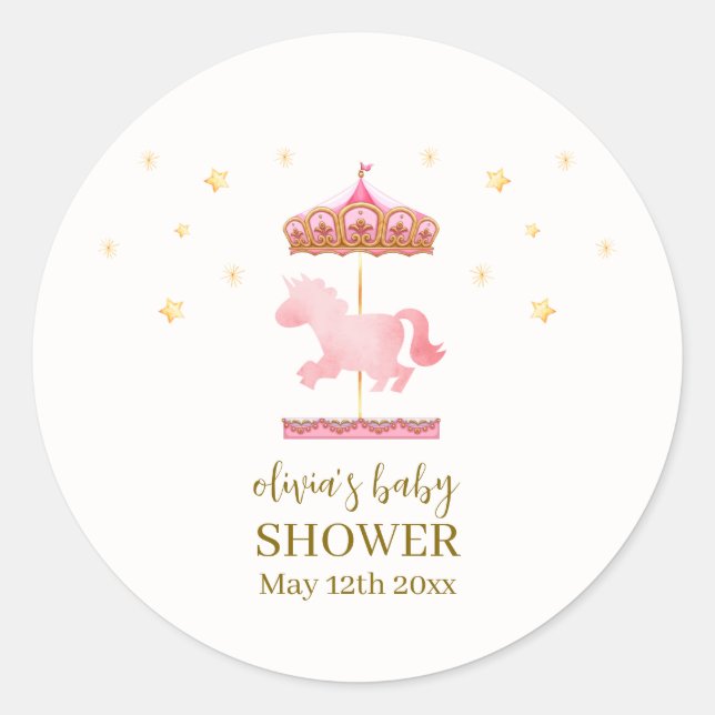 Pink Gold Elegant Carousel Carnival Baby Shower Classic Round Sticker (Front)