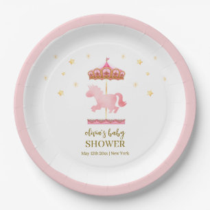 Pink Gold Elegant Carousel Carnival Baby Shower Paper Plate