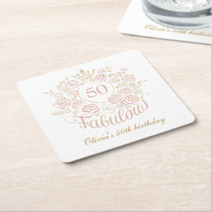 Pink & Gold Elegant Floral 50 & Fabulous Birthday Square Paper Coaster