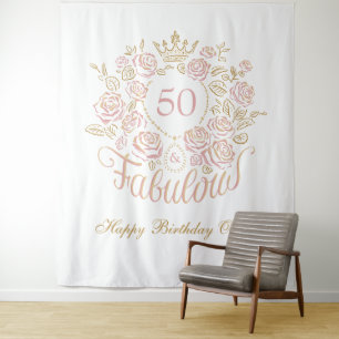 Pink & Gold Elegant Floral 50 & Fabulous Birthday Tapestry