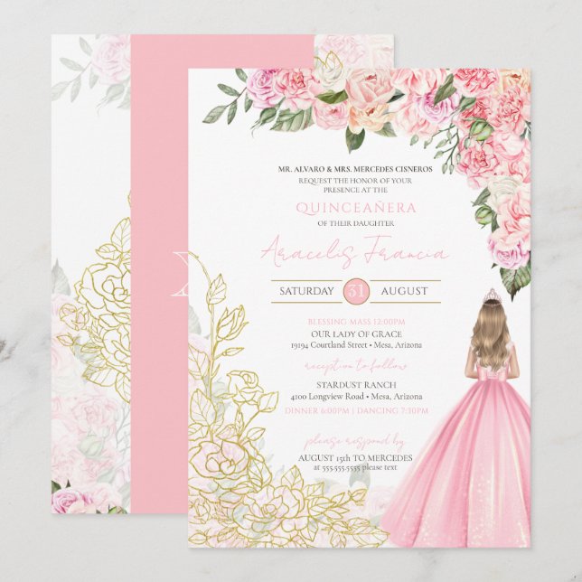 Pink & Gold Elegant Floral Girly Quinceanera Invitation (Front/Back)