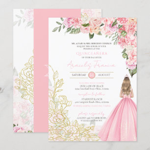 Pink & Gold Elegant Floral Girly Quinceanera Invitation