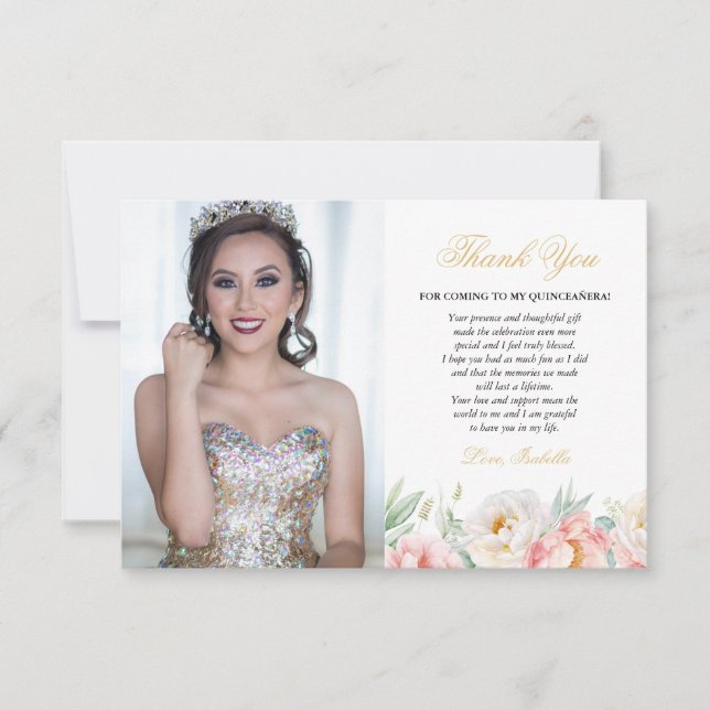 Pink & Gold Elegant Floral Photo Quinceañera Thank You Card (Front)