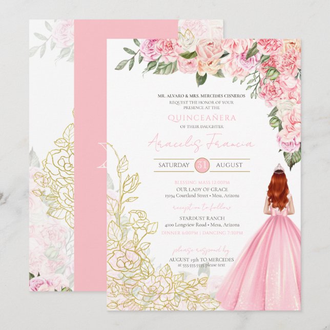 Pink Gold Elegant Floral Pretty Dress Quinceanera Invitation (Front/Back)