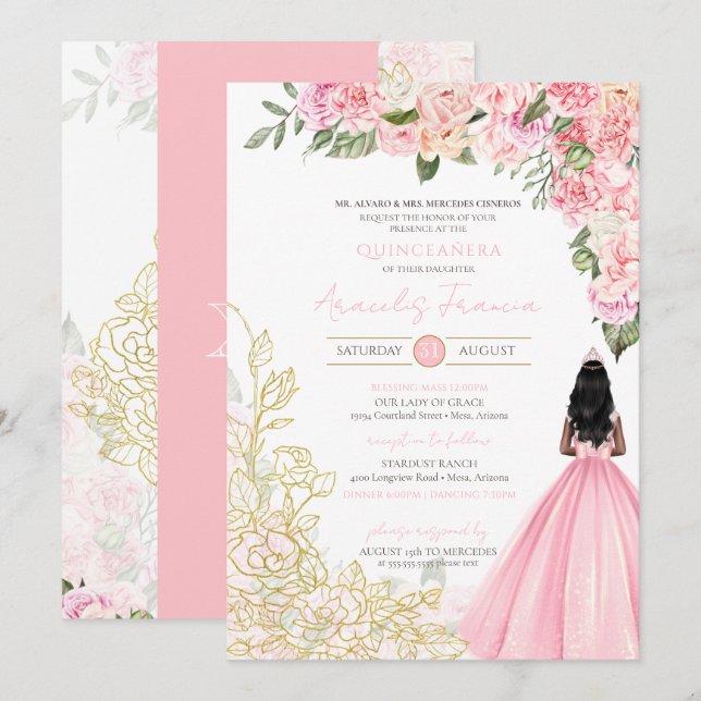 Pink Gold Elegant Floral Pretty Dress Quinceañera  Invitation (Front/Back)