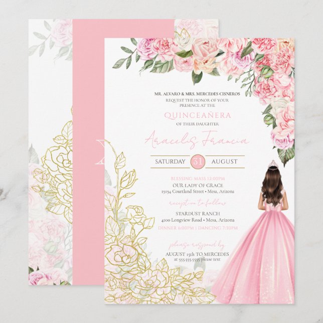 Pink Gold Elegant Floral Pretty Dress Quinceanera  Invitation (Front/Back)
