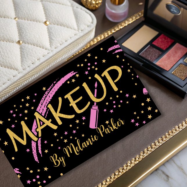 Pink Gold Elegant Glitter Make Up Artist Black Business Card (Creator Uploaded)