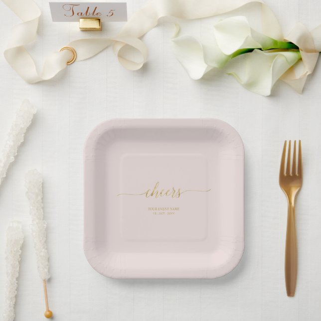 Pink & Gold Elegant  Lettering Cheers Event Party  Paper Plate (Wedding)
