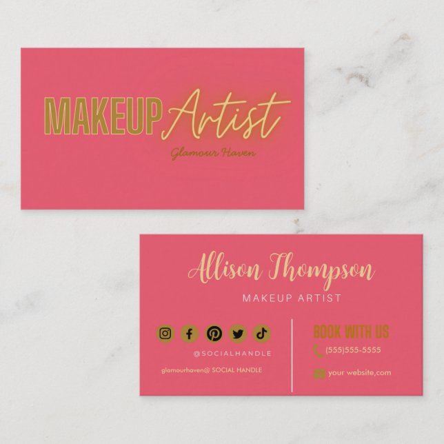 Pink Gold Elegant Makeup Artist   Business Cards (Front/Back)