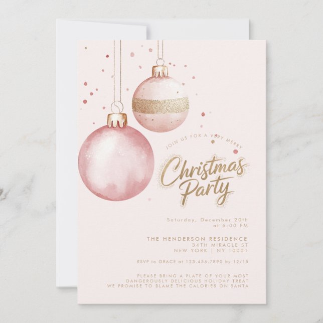 Pink Gold Elegant Ornaments Christmas Party Invitation (Front)