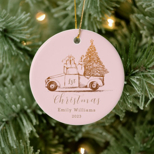 Pink Gold Elegant Photo Baby's First Christmas Ceramic Tree Decoration (Tree)