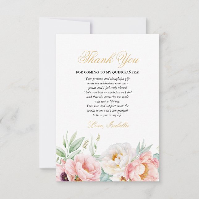 Pink & Gold Elegant Quinceañera Thank You Card (Front)