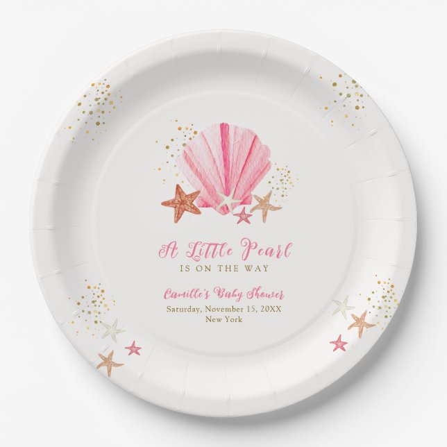 Pink Gold Elegant Starfish Seashell Baby Shower  Paper Plate (Front)