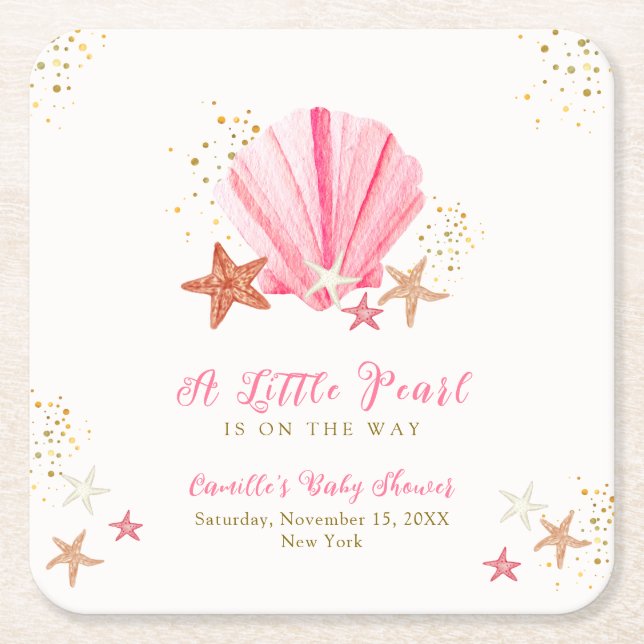 Pink Gold Elegant Starfish Seashell Baby Shower  Square Paper Coaster (Front)