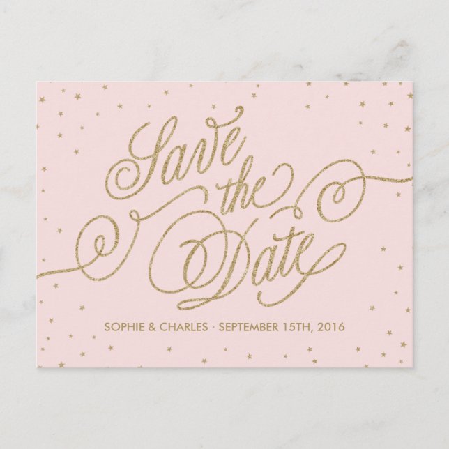 Pink & Gold Elegant Stars Save the Date Postcard (Front)
