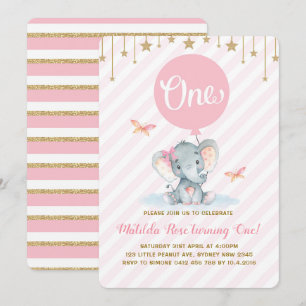 Pink Gold Elephant 1st First Birthday Twinkle Star Invitation
