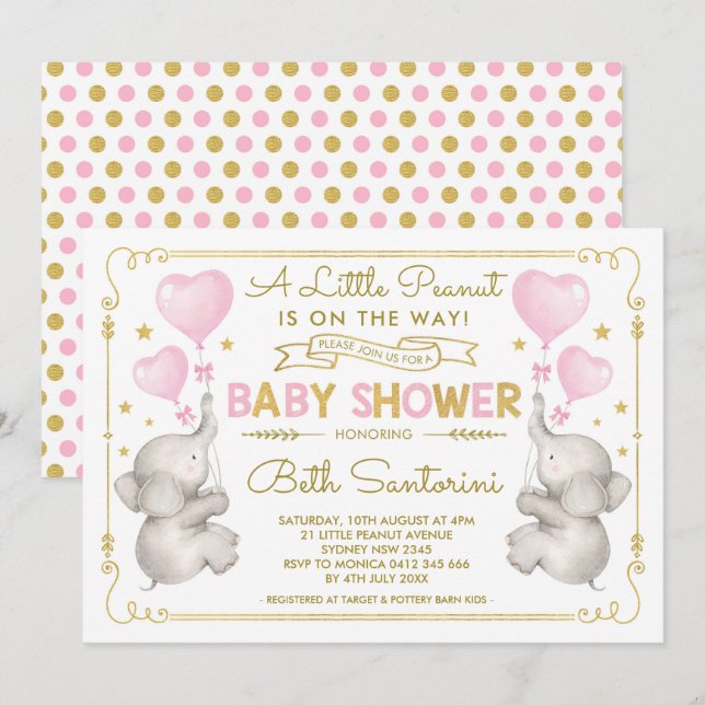 Pink Gold Elephant Baby Shower Girl Jungle Invite (Front/Back)