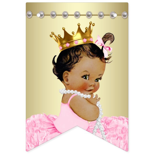 Pink Gold Ethnic Ballerina Tutu Pearls Baby Shower Bunting (First Flag)
