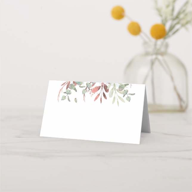 Pink Gold Eucalyptus Leaves Greenery Elegant Place Card (Front)