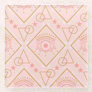 Pink Gold Eyes: Geometric Seamless Design Glass Coaster