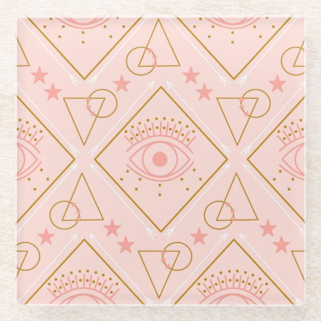 Pink Gold Eyes: Geometric Seamless Design Glass Coaster (Front)