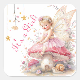 Pink & Gold Fairy Cottage Core Girl's Baby Shower Square Sticker
