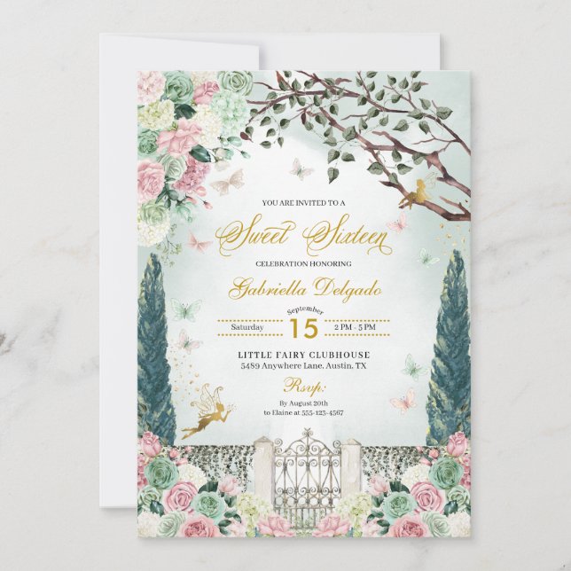 Pink Gold Fairy Enchanted Garden Sweet 16 Invitation (Front)