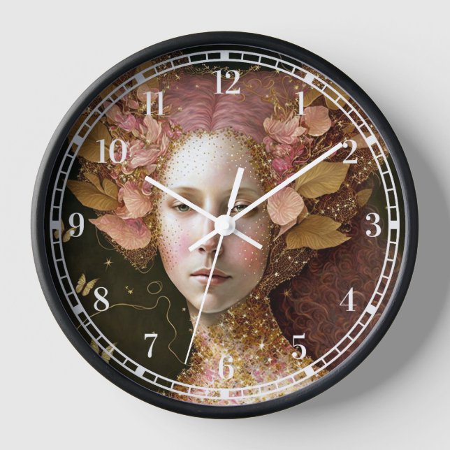 Pink Gold Fairy Fae Woman Fantasy Art Clock (Front)
