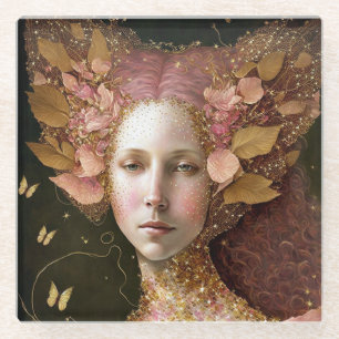 Pink Gold Fairy Fae Woman Fantasy Art Glass Coaster