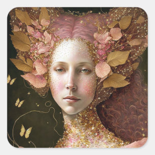 Pink Gold Fairy Fae Woman Fantasy Art Square Sticker