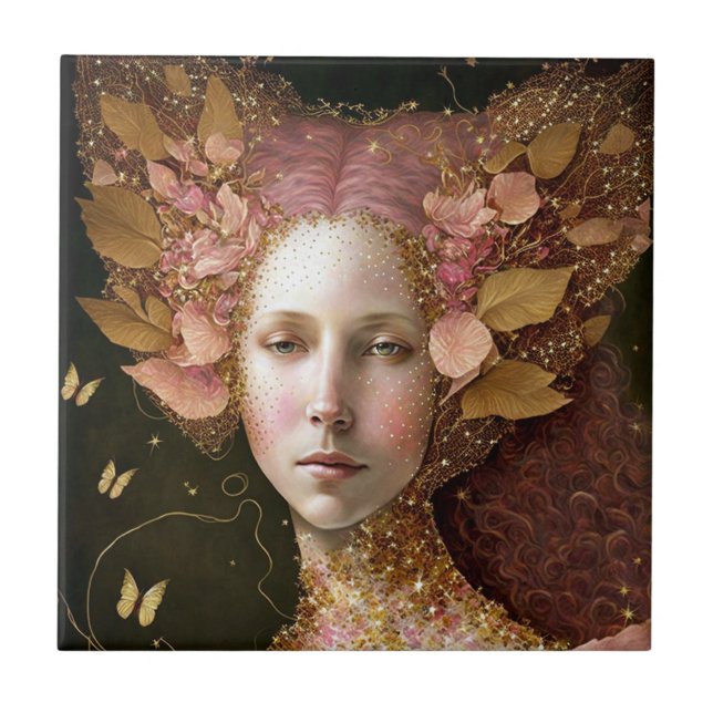 Pink Gold Fairy Fae Woman Fantasy Art Tile (Front)