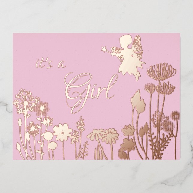 Pink | Gold Fairy it's a Girl Birth Announcement (Front)