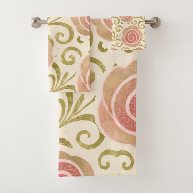 Pink & Gold Fairy Tale Storybook Princess Roses Bath Towel Set (Insitu)