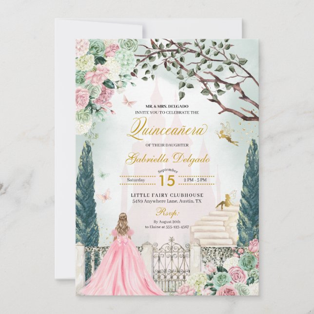 Pink Gold Fairytale Enchanted Garden Quinceanera Invitation (Front)