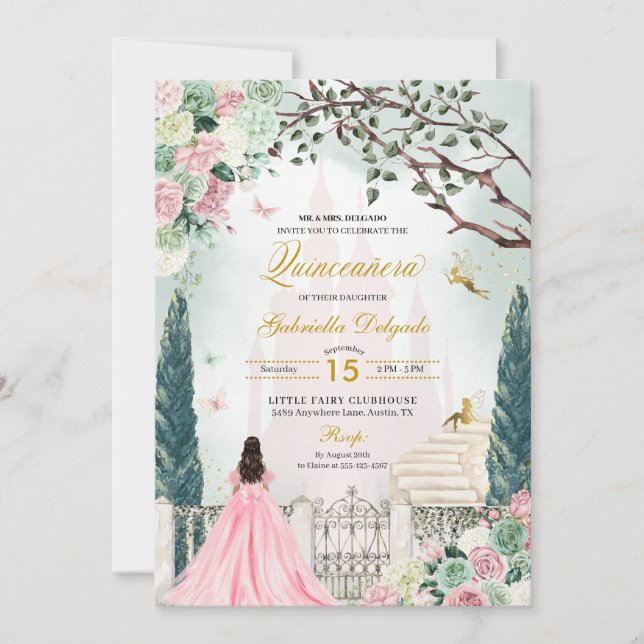 Pink Gold Fairytale Enchanted Garden Quinceanera Invitation (Front)
