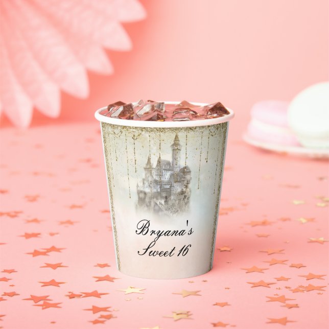 Pink Gold Fairytale Princess Castle Birthday Paper Cups (Insitu)