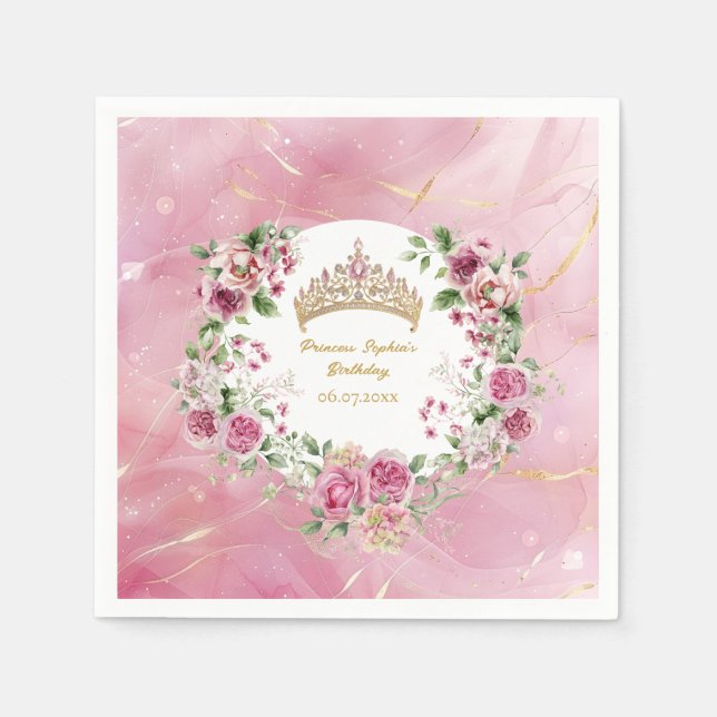 Pink Gold Fairytale Princess Crown Birthday Napkin (Front)