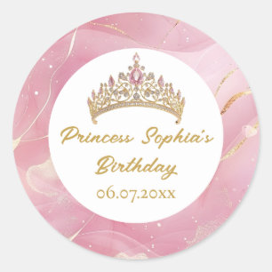 Pink Gold Fairytale Princess Crown Birthday Party Classic Round Sticker