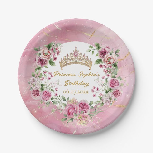 Pink Gold Fairytale Princess Crown Birthday Party  Paper Plate (Front)